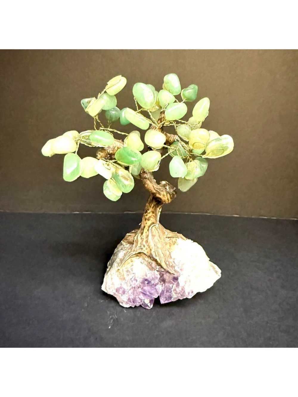 Natural Green Quartz Crystal Gemstone Bonsai Money Tree on Amethyst Base
